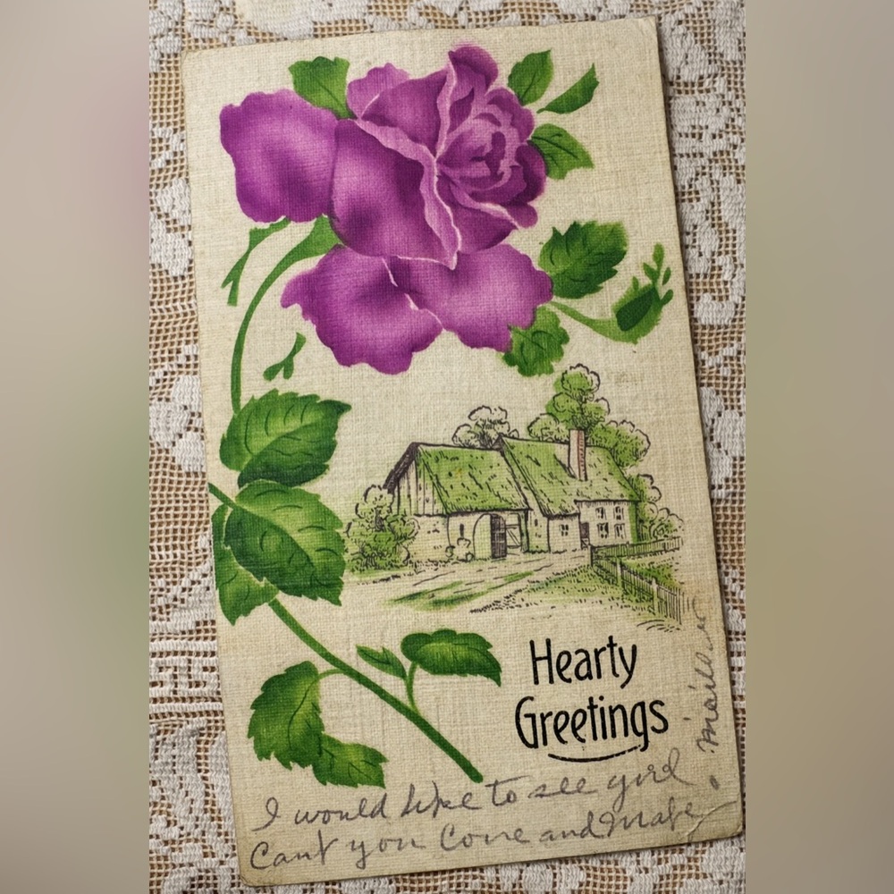 1910 Hearty Greetings Rose Cottage Postcard Mailed Wisconsin 1c Franklin Stamp